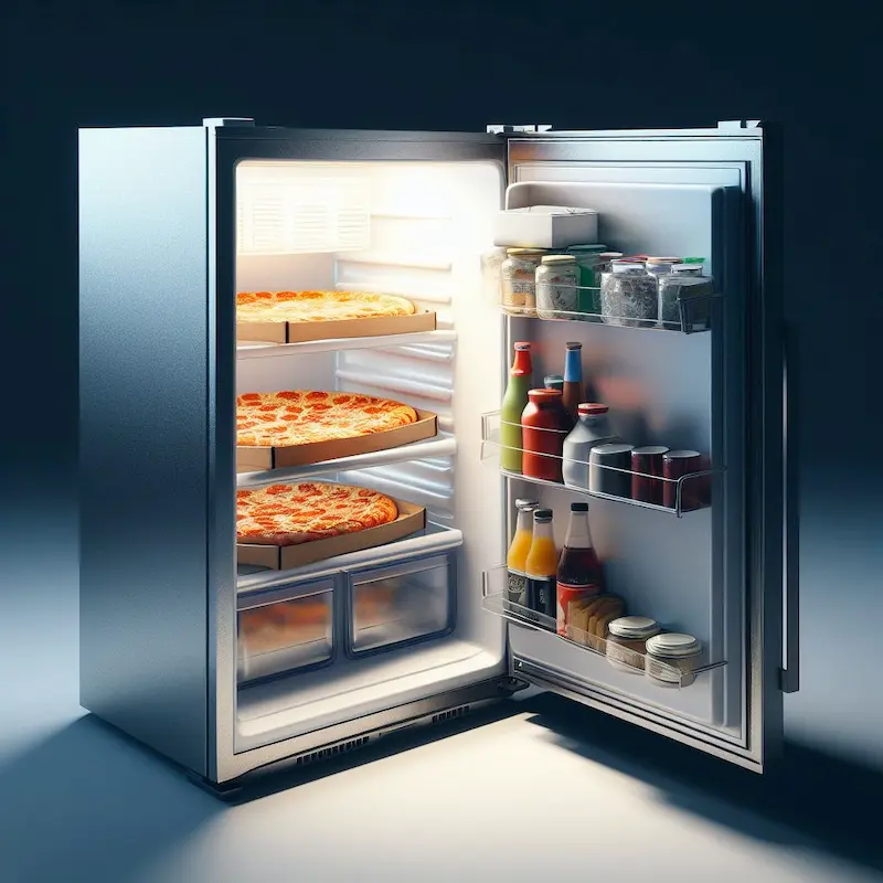 refrigerator with the door open exposing 3 large pizzas inside