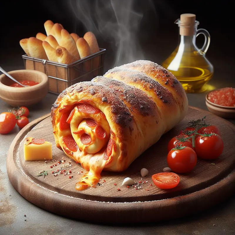 piping hot pizza log with pepperoni and cheese oozing out onto a wooden tray