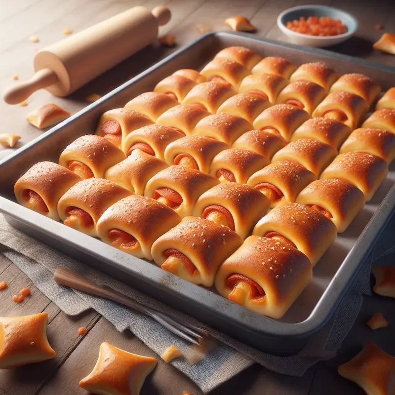 tray of homemade pizza rolls on a metal sheet
