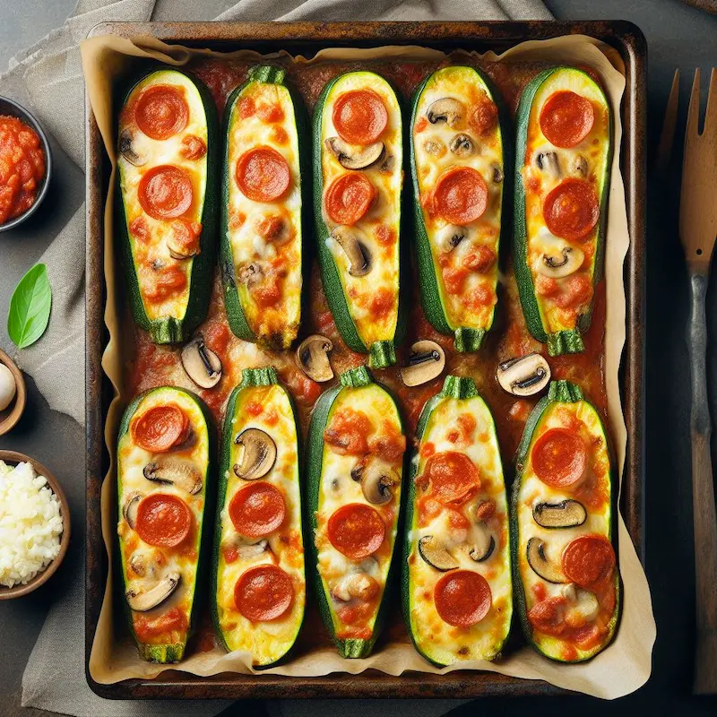 zucchini boat pizzas topped with pepperoni, cheese, and mushrooms on a tray
