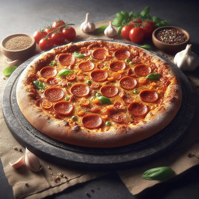 crispy pizza with pepperoni tomato and basil toppings