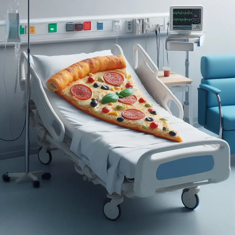 slice of pizza in a hospital bed