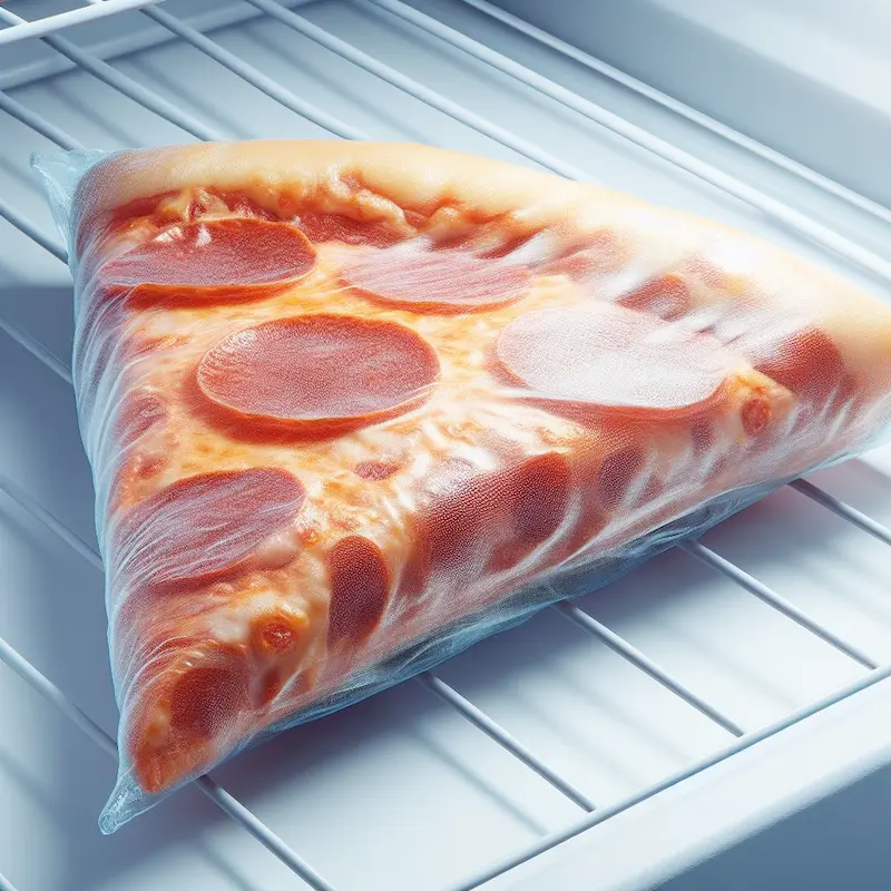 single slice of pepperoni pizza wrapped in plastic inside a freezer