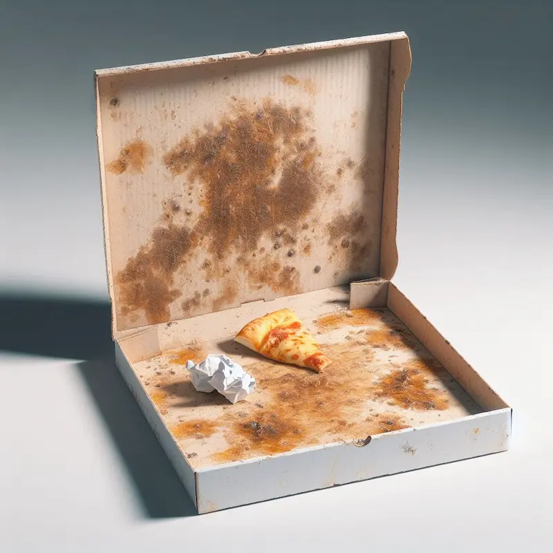 greasy open empty pizza box with a napkin and partially eaten slice of pizza