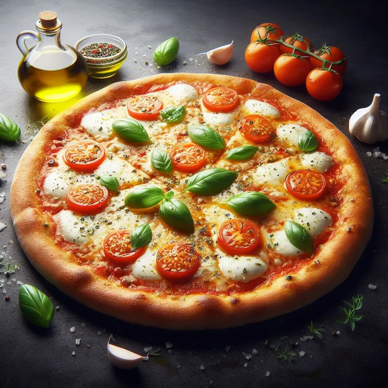 pizza with thin, soft, chewy crust, a flavorful yet straightforward tomato sauce, quality mozzarella cheese, and a few complementary toppings like basil, oregano, garlic or extra virgin olive oil