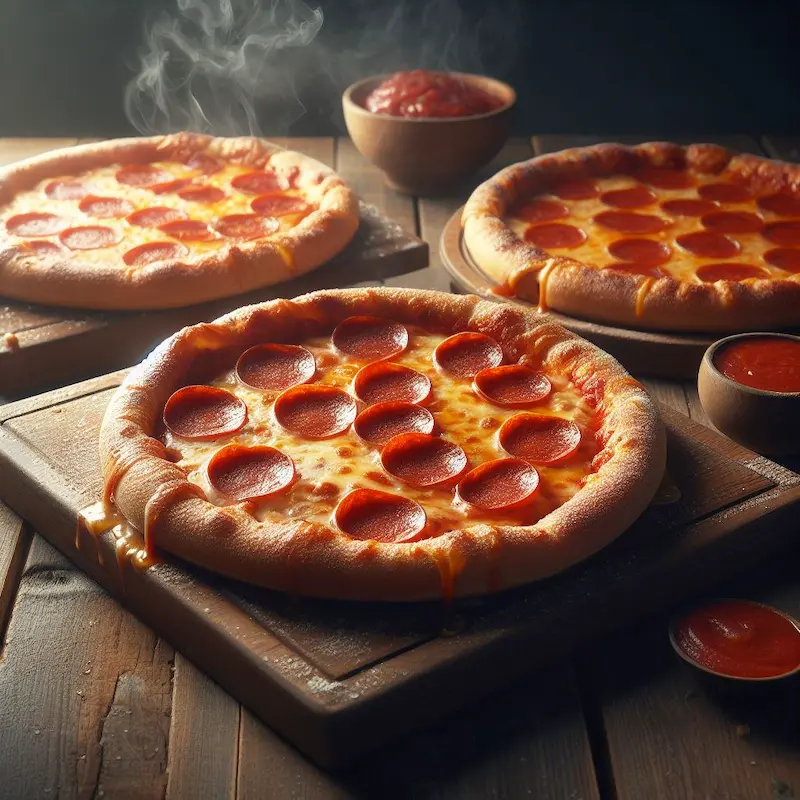 3 different sized pepperoni pizzas on a wooden table