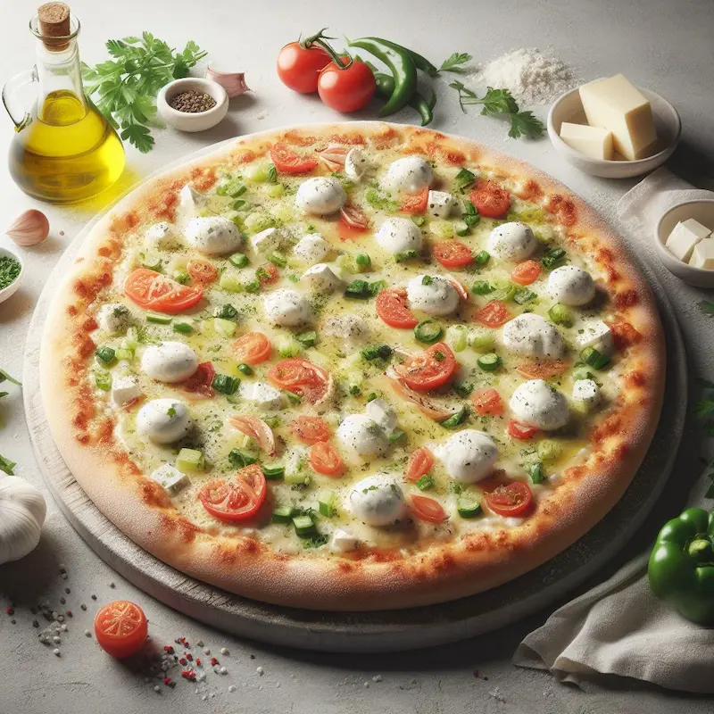 pizza with white sauce with olive oil, garlic, parsley, and a dash of salt and pepper. Spread it on the pizza dough instead of tomato sauce. Top with cheeses like mozzarella, ricotta, or feta, and veggies.