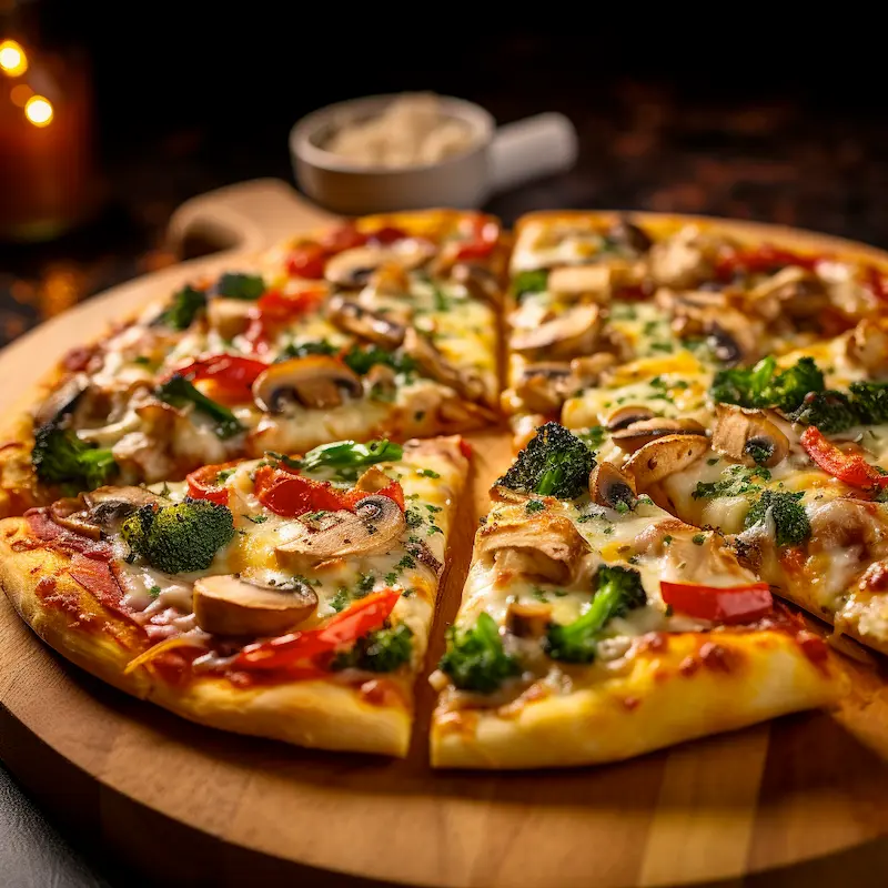 healthy looking pizza with peppers, mushrooms, and broccoli on a wooden plate
