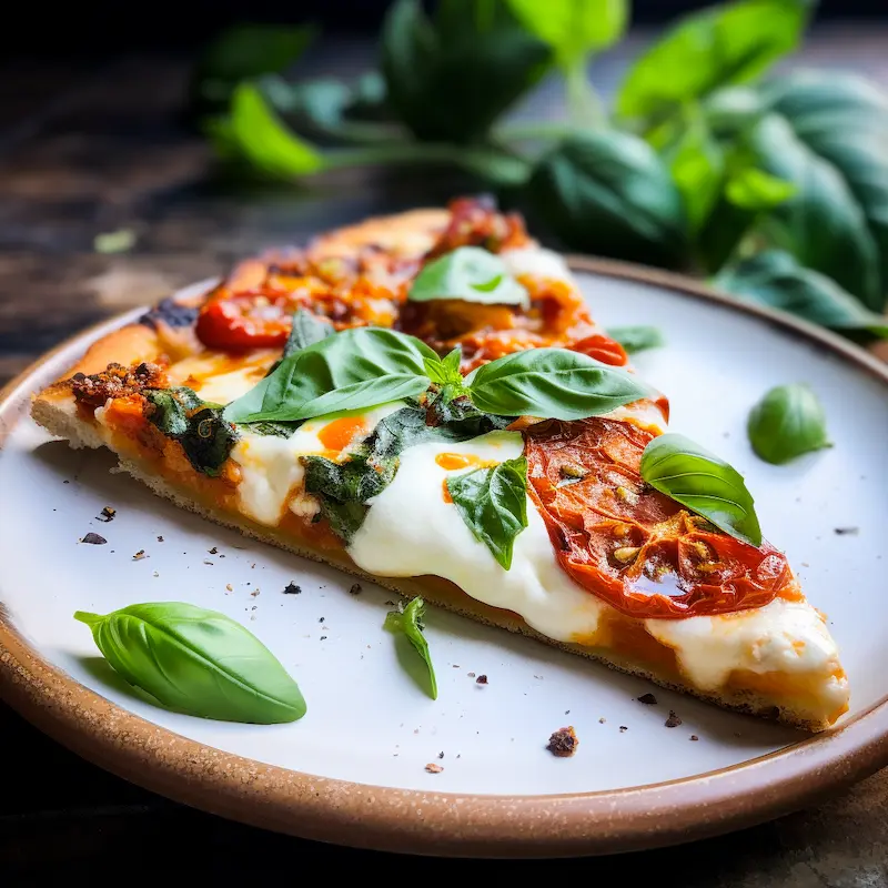 dairy free vegan pizza slice with basil and tomato