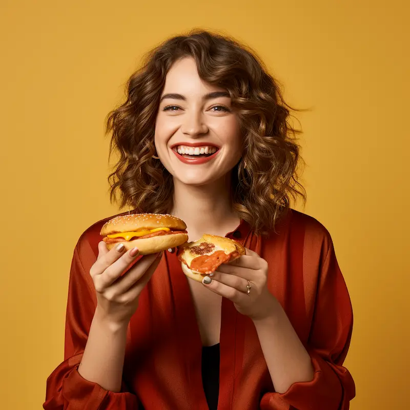 Close up portrait of smiling woman holding slice of pepperoni pizza in one hand and cheeseburger in the other
