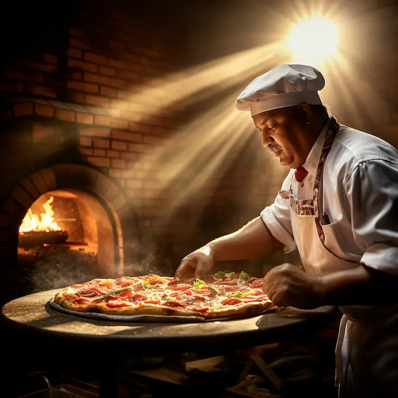 Pizza chef sliding a pizza peel with pepperoni pizza into a brick pizza oven, dramatic backlighting and shadows