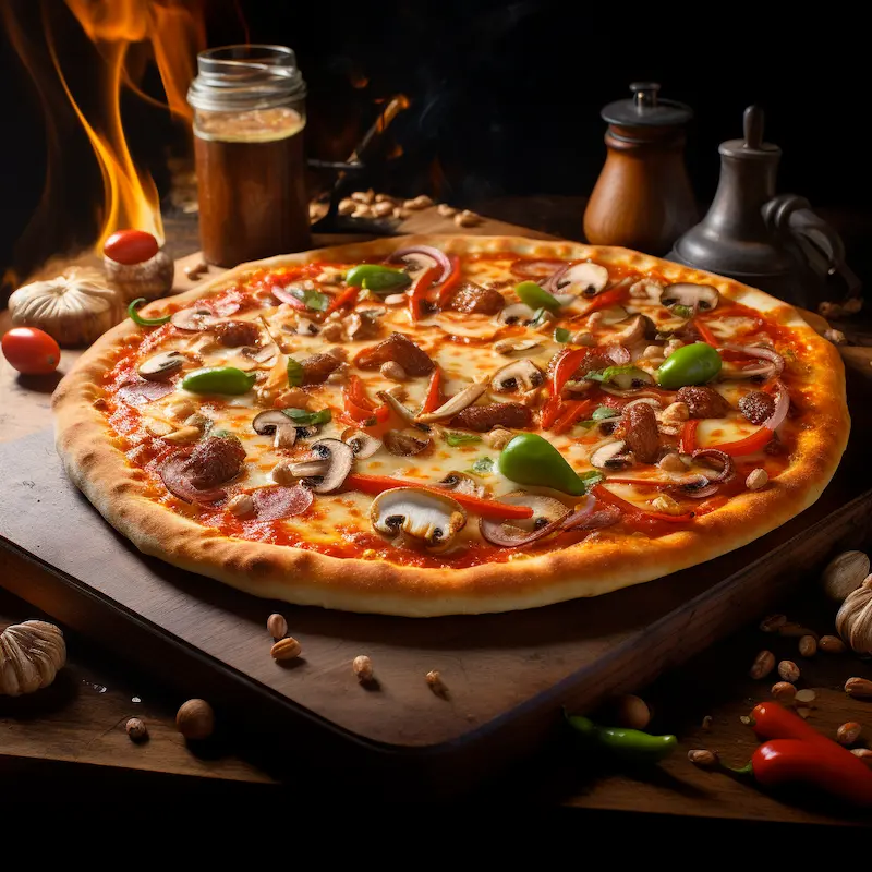 large pizza with many exotic gourmet toppings on a wooden tray