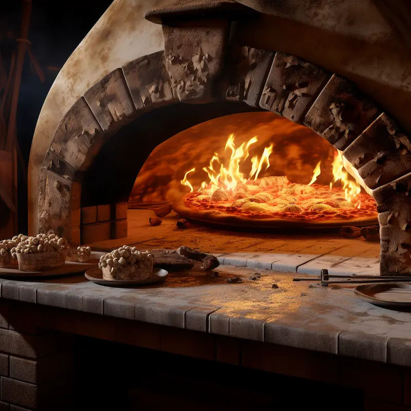 traditional pizza oven with a large pizza surrounded by fire inside