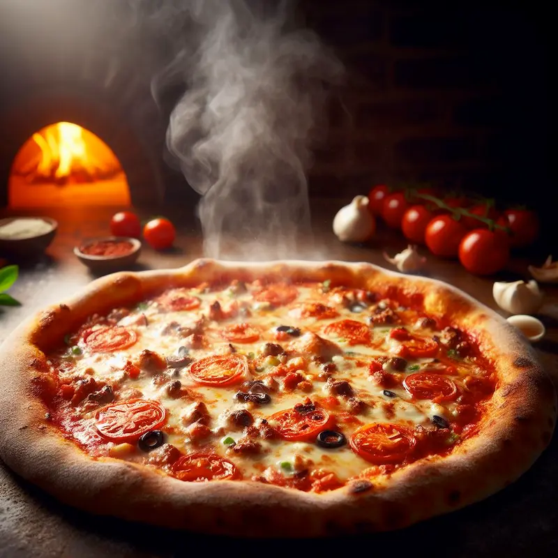piping hot thick crust pizza in front of a brick oven with tomatos and garlic on the table beside it