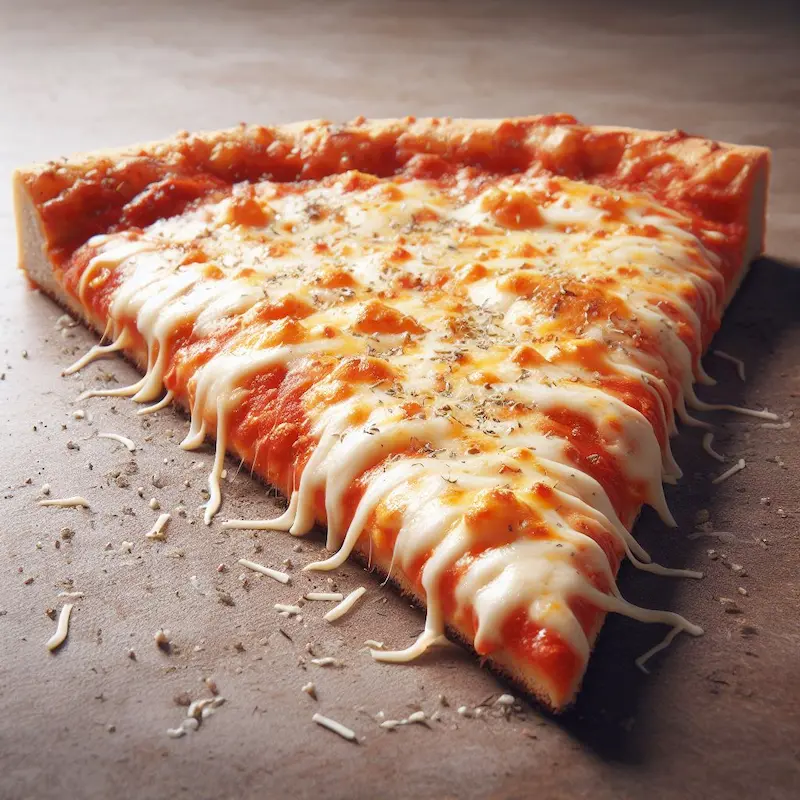 a slice of thin crust brick oven fired pizza topped with cheese blend consists of mozzarella and sharp cheddar, while the sauce is rich with a touch of sweetness and a sprinkle of oregano