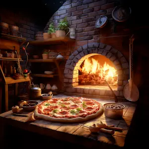 brick oven with warm coals, pizza on stone counter