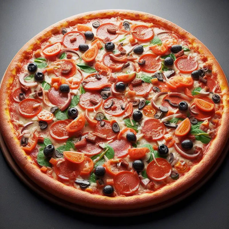 large, thin crust pizza covered with many different toppings