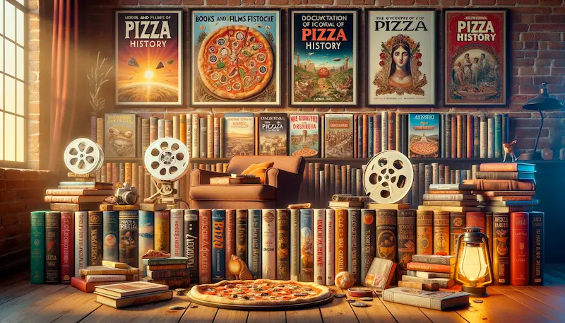 A captivating image representing the theme of 'Books and Films on Pizza History' for a website's featured image. The image should feature an assortment of books and film reels or DVD cases, each displaying titles and cover art related to the history of pizza. The books should have covers showing different aspects of pizza history, like ancient pizza making, the evolution of pizza styles, and famous pizzerias. Interspersed among the books are film reels or DVD cases, with artwork suggesting documentaries and movies about pizza history, including scenes of iconic pizzerias, famous pizza chefs, and the global spread of pizza. The setting should be a cozy reading and viewing area with a warm, inviting ambiance, including a comfortable chair, a lamp, and a small table with a pizza slice on a plate, subtly emphasizing the theme. The overall composition should be visually rich, inviting viewers to explore the depth and variety of literature and films on pizza history.
