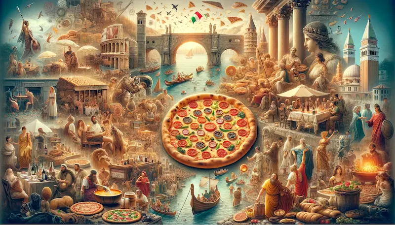 rich tapestry of scenes that illustrate the journey of pizza through different cultures and times