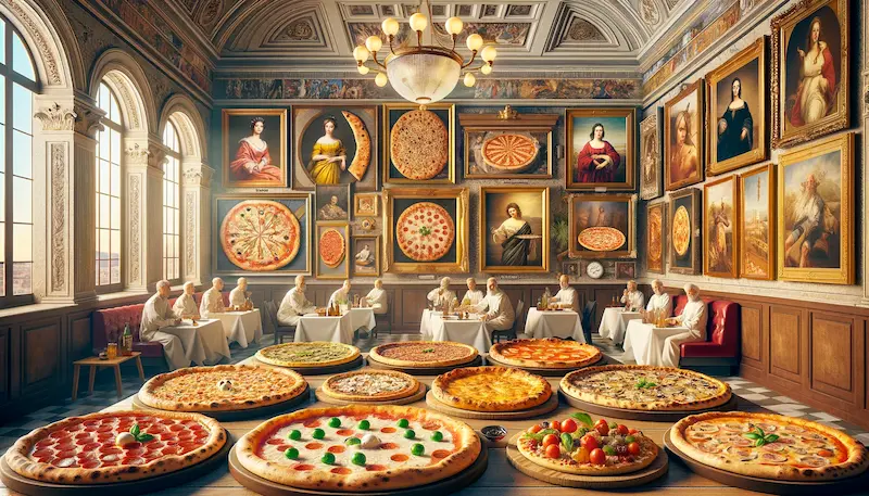 a gallery-like display of various famous pizzas throughout history