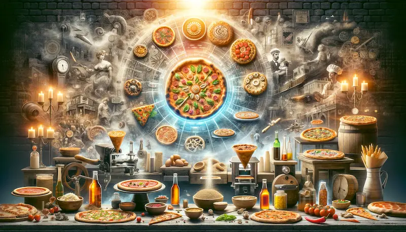 showcase a timeline-like montage of various significant innovations in the history of pizza