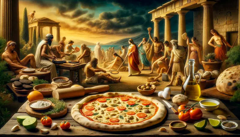 an artistic interpretation of the early beginnings of pizza