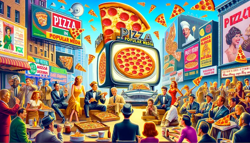 depiction of the influence and presence of pizza in various forms of popular media, such as movies, television, and advertising