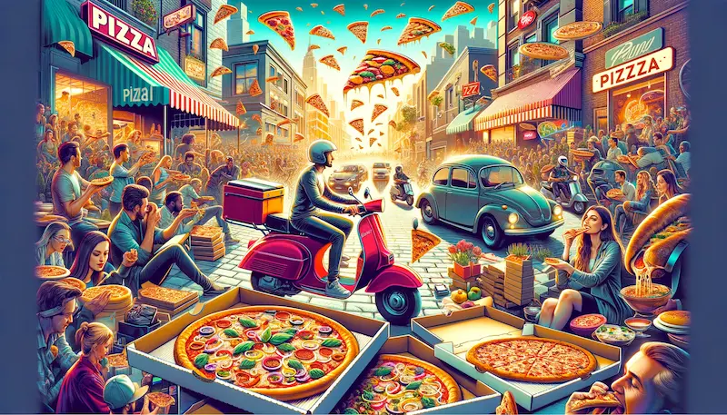 a dynamic and vibrant collage of different pizza-related scenes that illustrate its impact on fast food culture