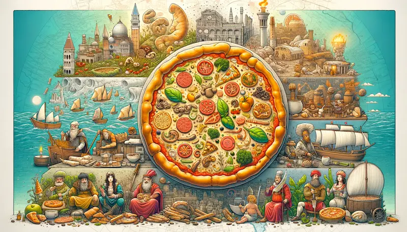 A visually engaging image that embodies the theme 'Exploring Pizza's Place in Culinary History: A Tasty Voyage', suitable for a website's featured image. The image should depict a whimsical and historical journey through pizza's culinary evolution. In the foreground, a large, delicious-looking pizza with a variety of toppings represents the modern culmination of pizza's history. Behind it, a series of smaller vignettes or illustrations, like frames in a comic strip, depict key moments in pizza's history. These vignettes include ancient civilizations making flatbreads, medieval scenes of Italian street food, the creation of the Margherita pizza in Naples, and the globalization of pizza in the 20th century. The background should have a map-like texture, hinting at a global journey, with subtle illustrations of famous landmarks from cities known for their pizza. The overall feel should be vibrant, colorful, and engaging, inviting viewers to explore the rich history of pizza in the culinary world.