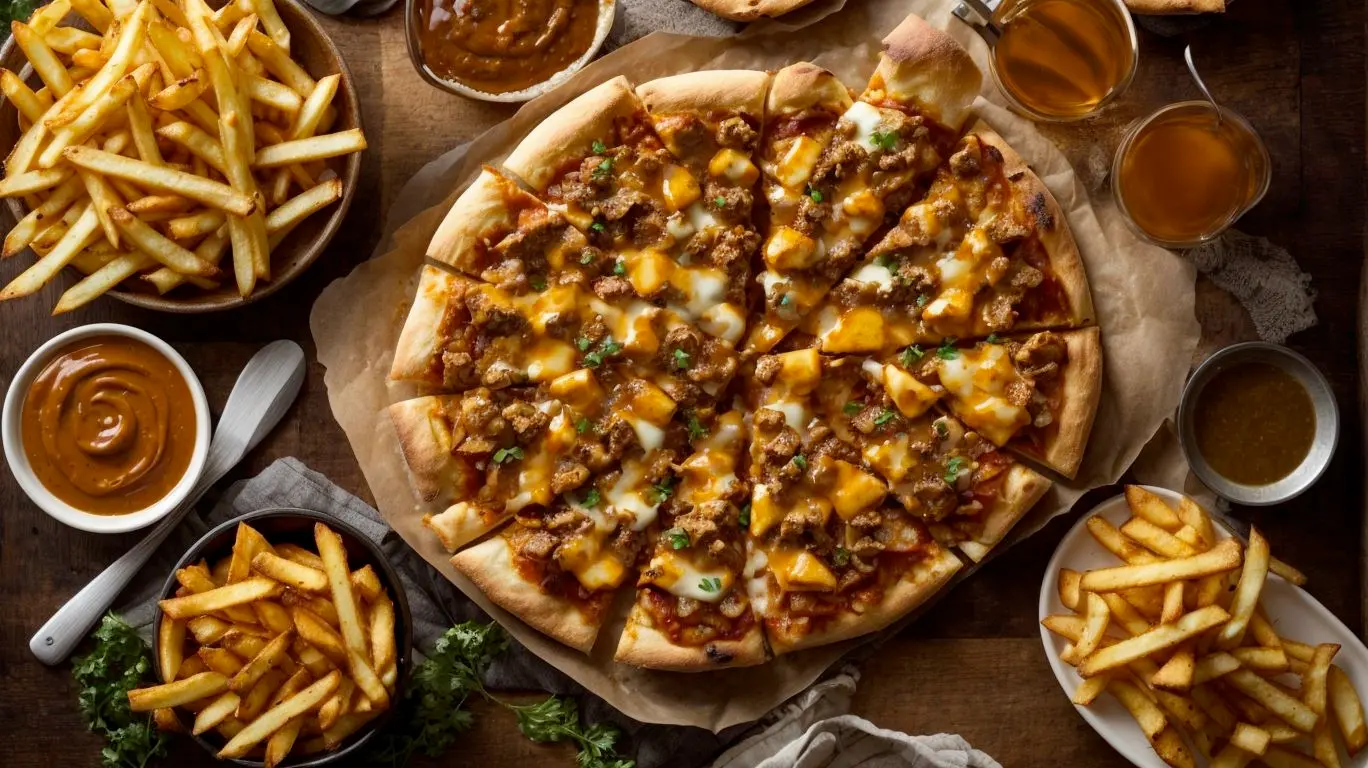 poutine pizza with sides of fries and ketchup cups