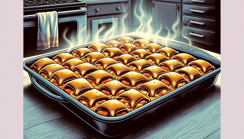 An illustration showing a pan of pizza rolls. The image features a large baking pan filled with golden-brown pizza rolls, each perfectly baked and oozing with cheese and tomato sauce. The rolls are arranged neatly in the pan, showcasing their crispy exteriors and the savory fillings peeking out. Steam is rising from the hot rolls, indicating they are fresh from the oven. The background is a kitchen setting, with a glimpse of an oven and kitchen counters, emphasizing a home cooking environment. This illustration captures the delicious and comforting appeal of homemade pizza rolls.