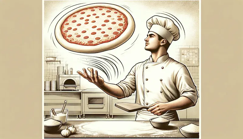 An illustration in showing a hand-tossed pizza. The image features a chef skillfully tossing pizza dough in the air, capturing the motion and art of hand-tossing. The dough is mid-air, perfectly round and evenly stretched, showcasing the technique involved in hand-tossing. The chef is focused and experienced, wearing a traditional chef's outfit. The background is a professional kitchen setting, with a pizza oven, counters, and various pizza-making ingredients visible. This illustration conveys the traditional and skillful process of making hand-tossed pizza in a lively and authentic pizzeria environment.