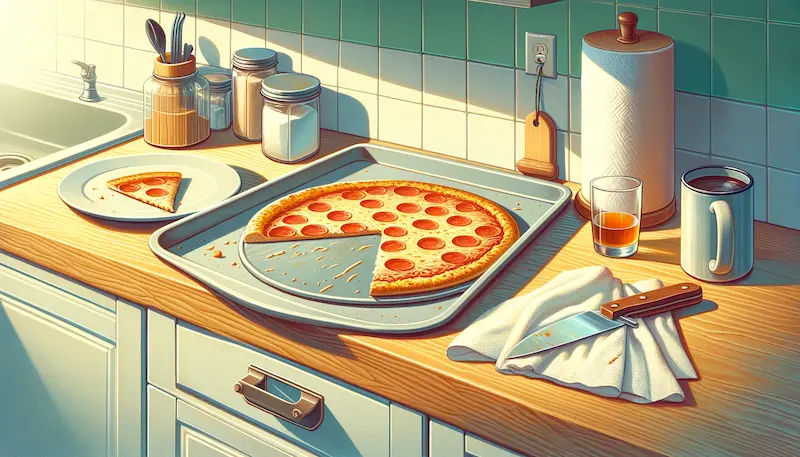 a kitchen scene with a partially eaten pizza left out on a counter