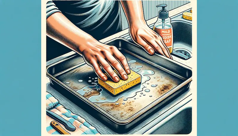An illustration showing a pair of hands cleaning baking steel. The image features a close-up view of hands scrubbing a flat, metallic baking steel with a sponge. The hands are carefully cleaning the surface, which shows signs of use, such as baked-on food residues. A bottle of mild dish soap and a towel are visible in the background, indicating the cleaning process. The setting is a home kitchen, with part of a sink and kitchen counter in the frame. This illustration visually represents the proper care and maintenance of baking steel in a domestic setting.