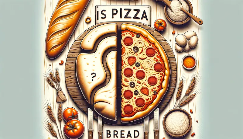 An illustration depicting the concept of 'Is Pizza Bread'. The image shows a split scene: on the left, a traditional loaf of bread is displayed, showcasing its classic shape and texture, emphasizing its simplicity. On the right, a pizza is shown, with its doughy base, topped with tomato sauce, cheese, and various toppings, highlighting its complexity and variety. Between the two, there's a question mark, symbolizing the debate over whether pizza can be considered a type of bread. The background is a kitchen setting with baking ingredients and utensils, creating a culinary theme that ties both elements together.