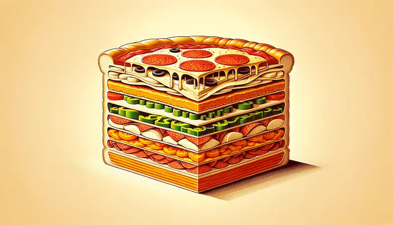 An illustration showing a layered side view of a pizza, with each component distinctly represented. The image should display the pizza from the side, allowing viewers to see the layers in detail. From the bottom up, the layers include a golden-brown crispy crust, a layer of rich, red tomato sauce, a thick layer of melted mozzarella cheese, and an array of toppings like pepperoni, green bell peppers, and black olives. Each layer should be visually separate yet part of the whole pizza, offering a cross-sectional view that highlights the composition of a classic pizza. The background should be minimal to keep the focus on the detailed structure of the pizza layers.