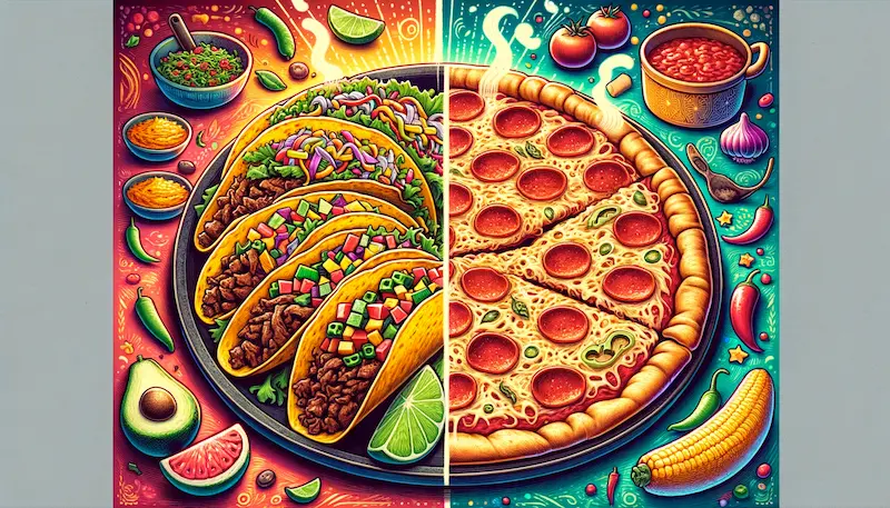 An illustration depicting a playful comparison between tacos and pizza. On the left side of the image, a vibrant and colorful plate of tacos is presented, showcasing a variety of fillings like beef, chicken, and vegetables, topped with salsa and avocado. The tacos are styled in a traditional way, emphasizing their rich and diverse flavors. On the right side, a large, steaming pizza is shown, with melted cheese, pepperoni, and a variety of other toppings, representing the classic and beloved dish. The background of the image is a festive and lively kitchen setting, with ingredients and cooking utensils that relate to both Mexican and Italian cuisine, symbolizing the culinary clash of these two popular foods.