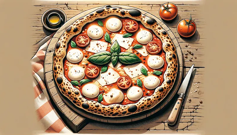 An illustration showing a Neapolitan pizza. The image features a classic Neapolitan pizza, characterized by its thin, soft crust with a puffy, charred edge, known as 'cornicione'. The pizza is topped with a simple yet flavorful tomato sauce, fresh mozzarella cheese, basil leaves, and a drizzle of olive oil, showcasing the traditional ingredients. The pizza is cooked in a wood-fired oven, which gives it a distinct char and aroma. It's presented on a wooden pizza board, capturing the authentic and rustic appeal of Neapolitan pizza. The background is a traditional Italian pizzeria setting, possibly with a visible brick oven, to emphasize the origin and cooking style of this iconic pizza.