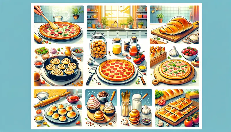 The image is a colorful and inviting display of various dishes made from pizza dough, including traditional pizza, calzones, garlic knots, and breadsticks, showcased in a bright kitchen setting