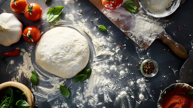 00 pizza flour dough ball surrounded by pizza ingredients on a stone countertop