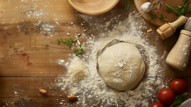 almond flour pizza dough ball surrounded by almond flour and other pizza ingredients
