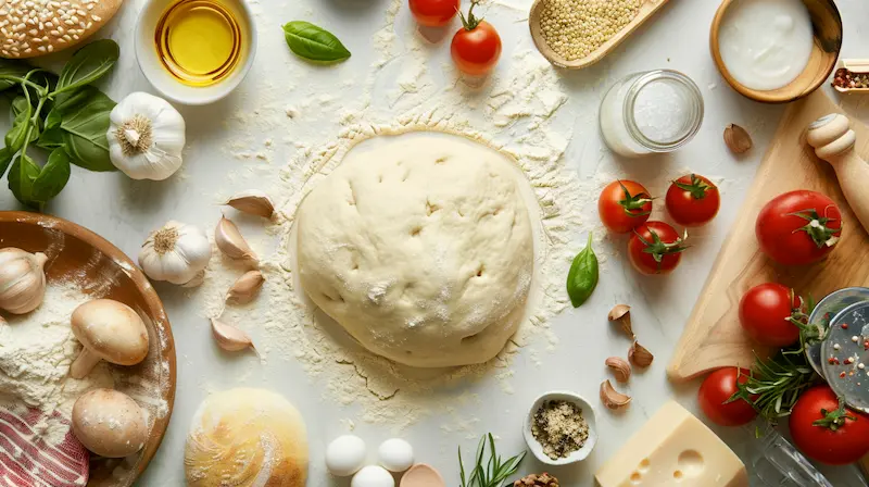 a ball of dough in the center of pizza ingredients.