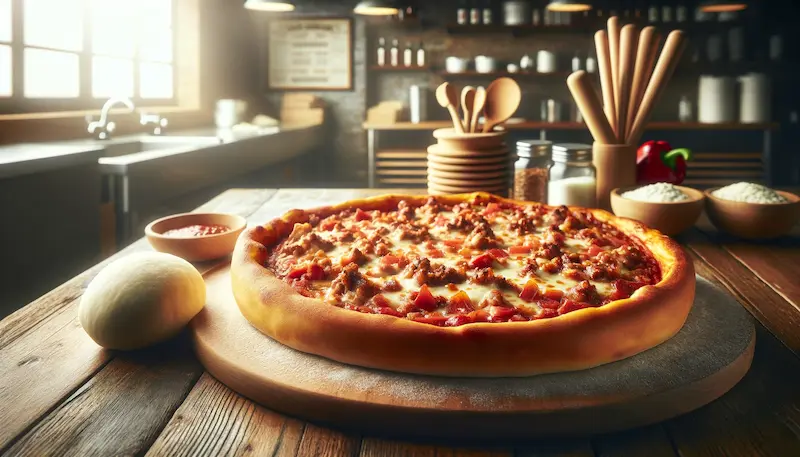 a deep-dish pizza on a wooden countertop in a pizzeria setting, with a ball of dough next to the fully cooked pizza