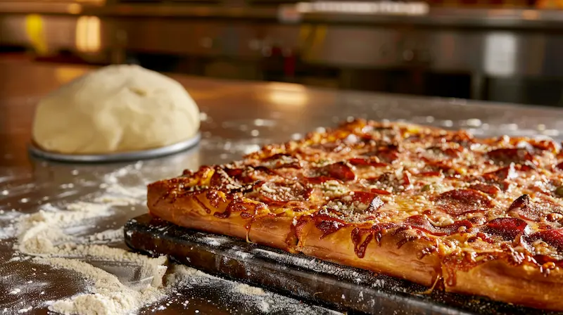 detroit style pizza dough recipe. Rectangular detroit style pizza on a countertop in a pizzeria. Next to the fully cooked pizza is a ball of dough