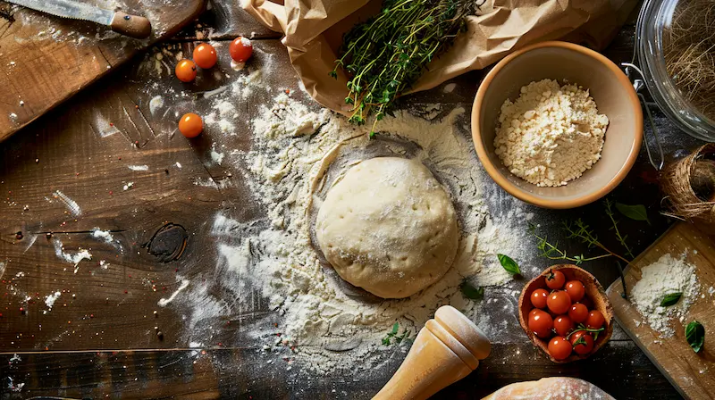durum pizza dough ball in the center of durum flour and assorted pizza ingredients