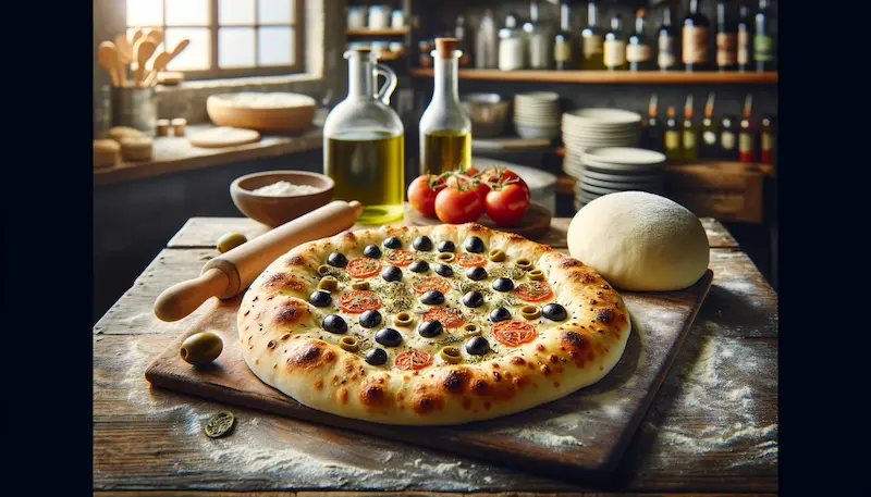 focaccia-style pizza on a wooden countertop in a pizzeria setting, accompanied by a ball of dough