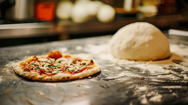 gluten-free pizza on a countertop in a pizzeria. Next to the fully cooked pizza is a ball of gluten-free pizza dough