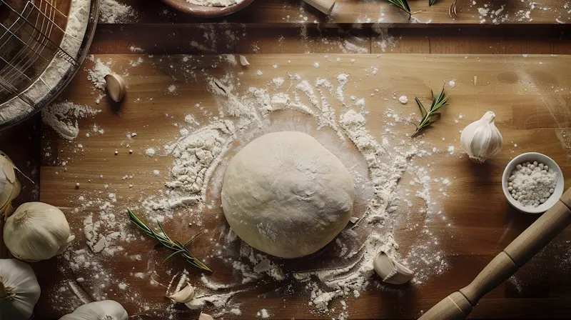 aerial image of a ball of pizza dough in the center of a small amount of high gluten flour on a pizza chef's counter.