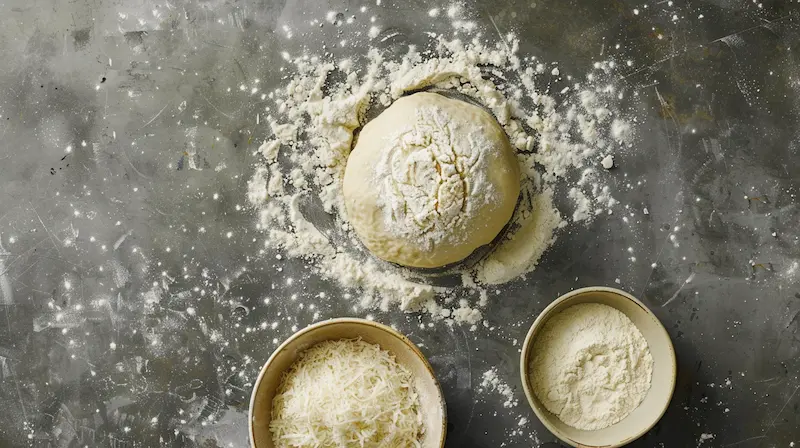high protein flour pizza dough ball with a bowl of cheese and a bowl of flour