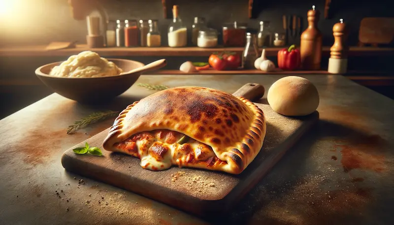 calzone on a wooden countertop in a pizzeria setting